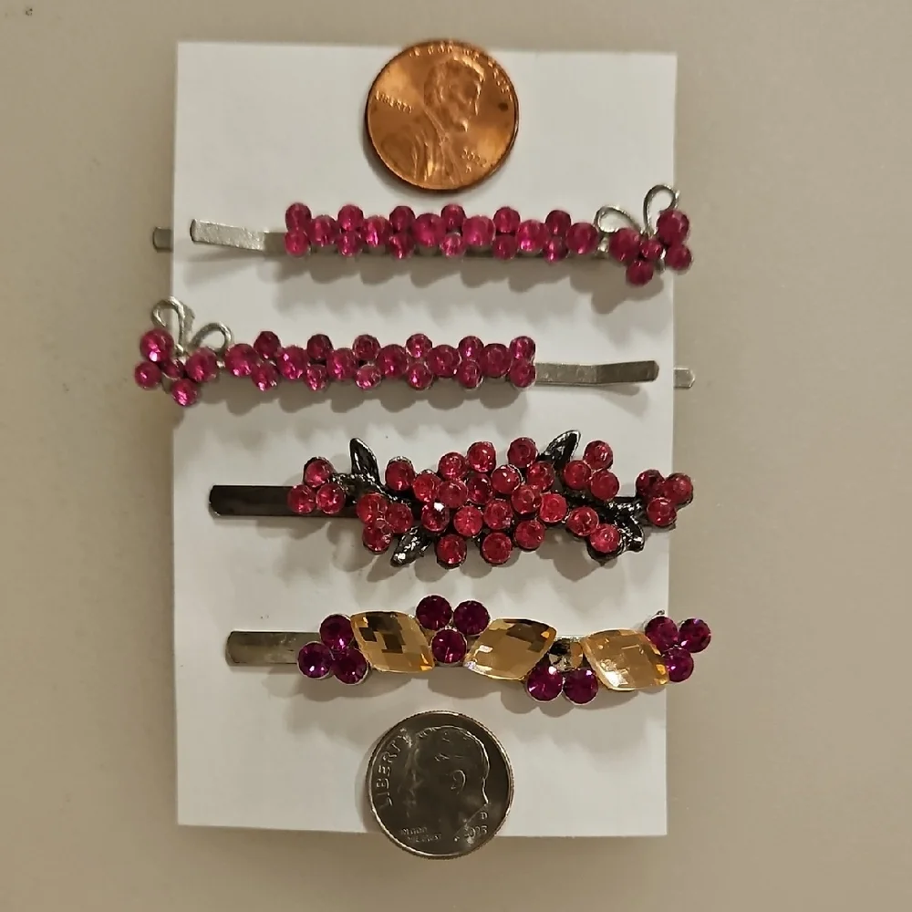 Set Of 4 Pink rhinestone hair pins Special Occasion Bun Braid Prom Party
